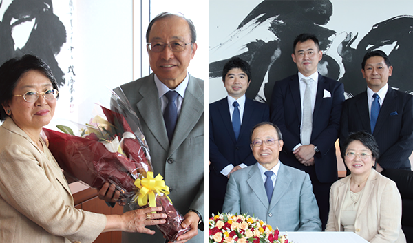 成約式の様子　(左)純子様から純司様へ花束を贈呈されました　(右)左上：東京都事業引継ぎ支援センターご担当者、玉置様