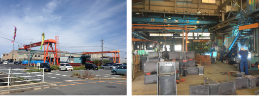 鳥取県西伯郡にある森田工産様の工場の様子 （左）工場外観 （右）工場内